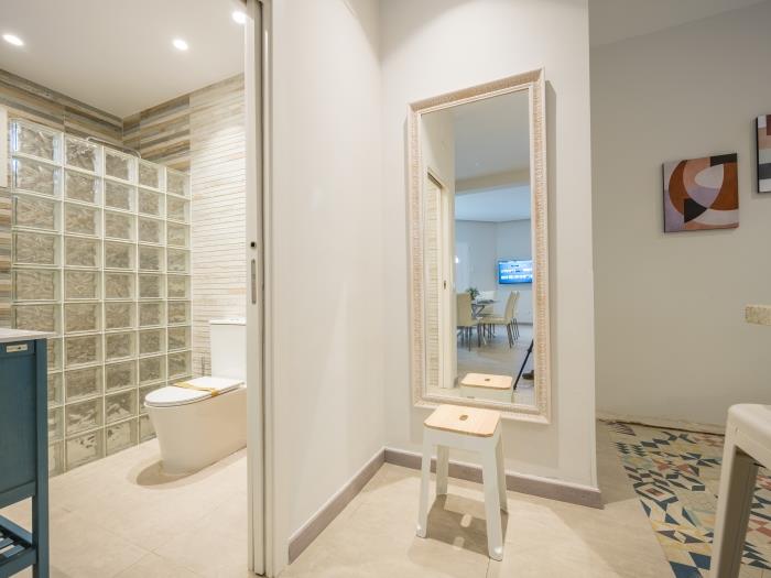 Sink, shower, toilet and mirror in the groundfloor family bathroom